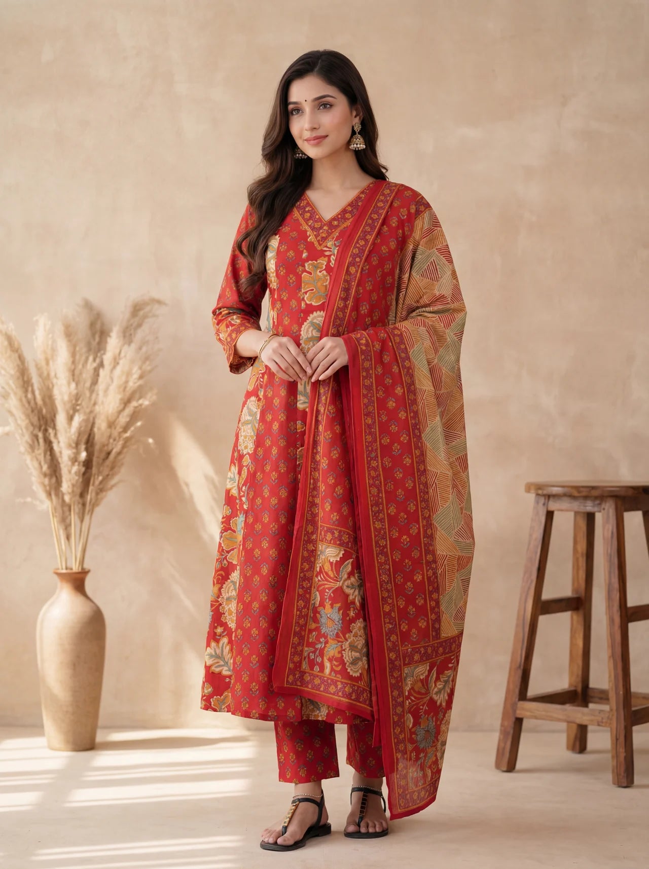 Red Cotton Kurta Pant Suit Set with Ajrakh Print