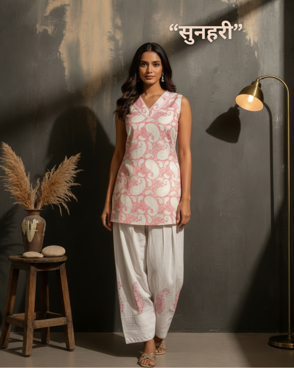 Sunheri Sleeveless Pure Cotton Handblock Print Farshi Suit Set