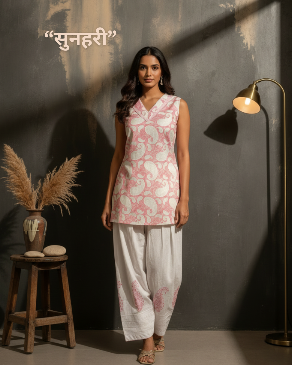 Sunheri Sleeveless Pure Cotton Handblock Print Farshi Suit Set