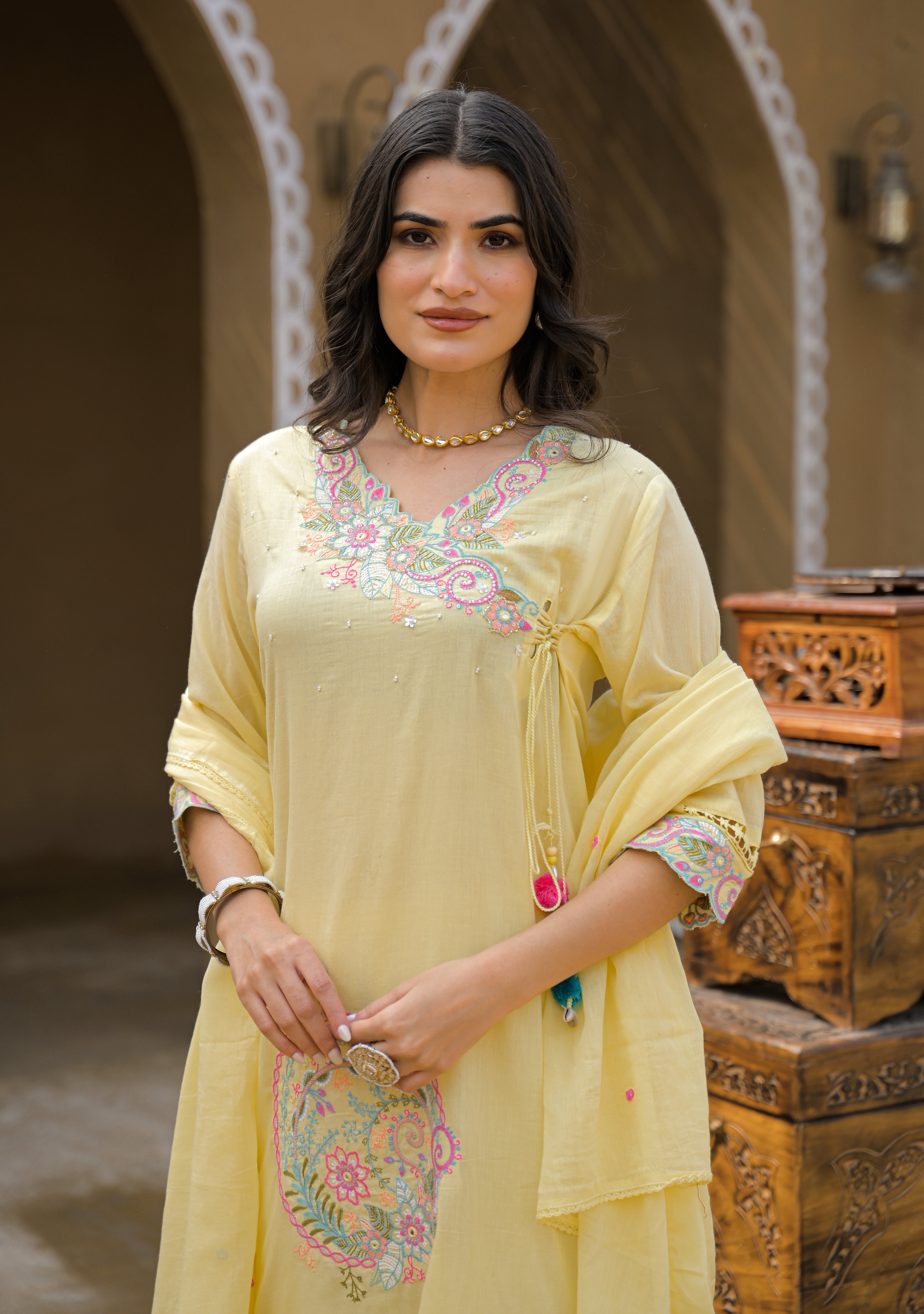 Yellow Mul Cotton Mirror Work Embroidered Angrakha A-Line Kurta with Embroidered Palazzo & Dupatta Set