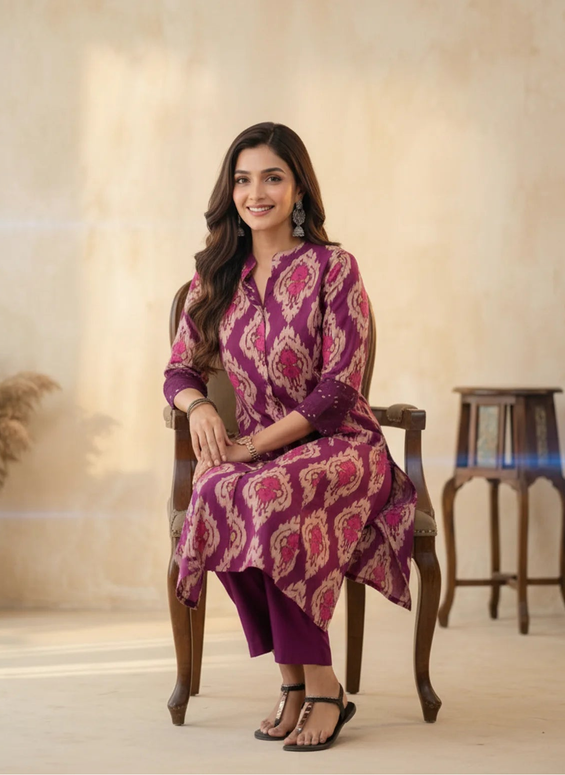 Purple Cotton Ikat Print Kurta Pant Set with Mirror Work Detailing
