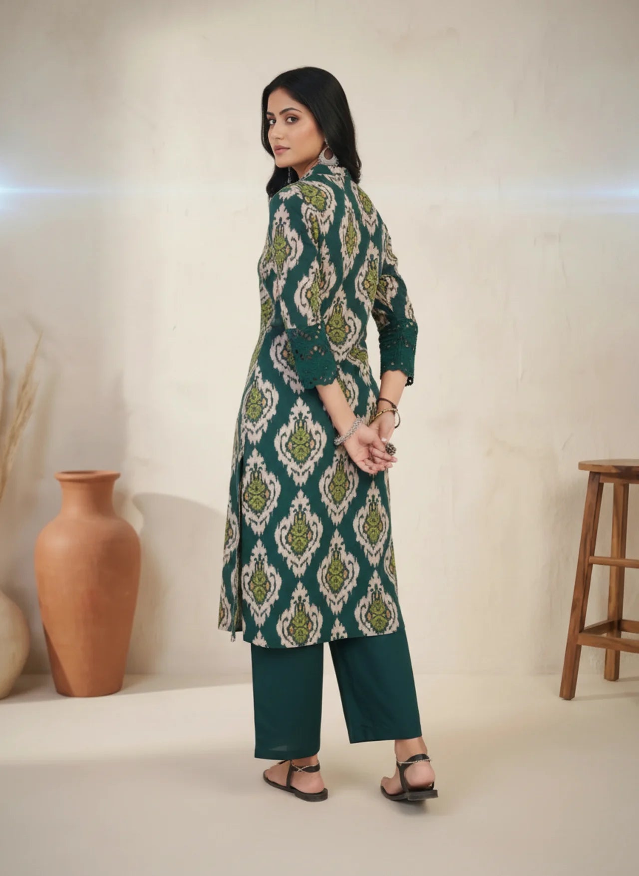 Green Cotton Ikat Print Kurta Pant Set with Mirror Work Detailing