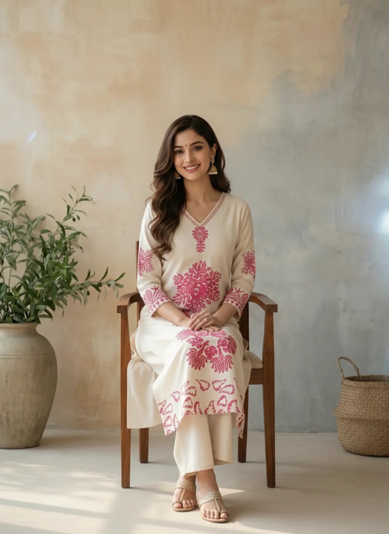Off White Cotton Flex Kurta Pant Set