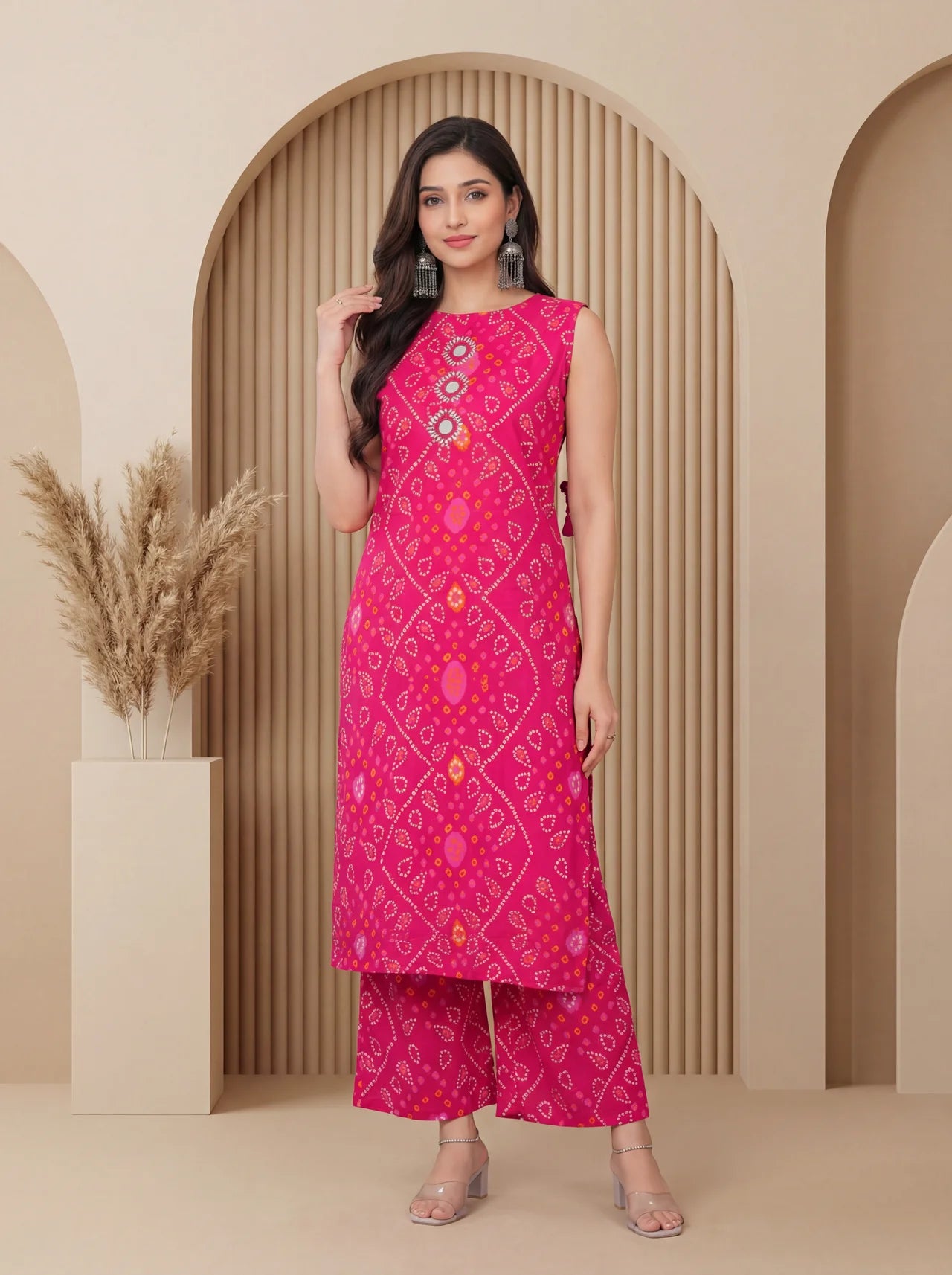 Pink Cotton Bandhani Sleeveless Kurta Suit Set with Extra Sleeves