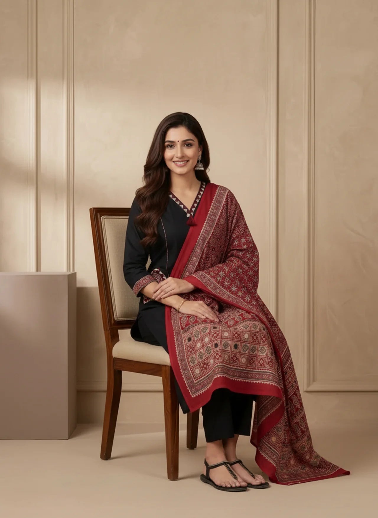 Black Cotton Suit Set with Ajrakh Print Dupatta