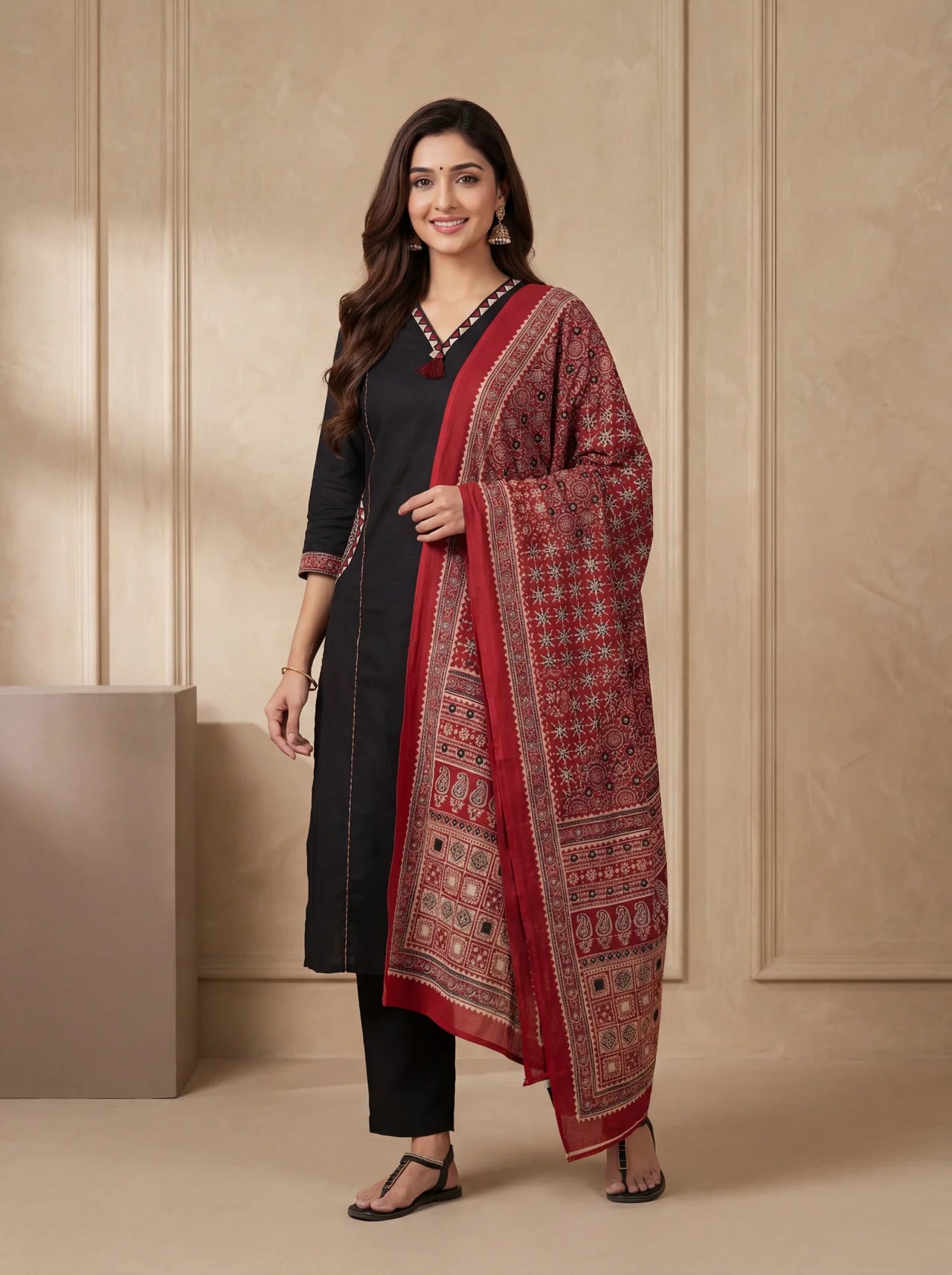 Black Cotton Suit Set with Ajrakh Print Dupatta