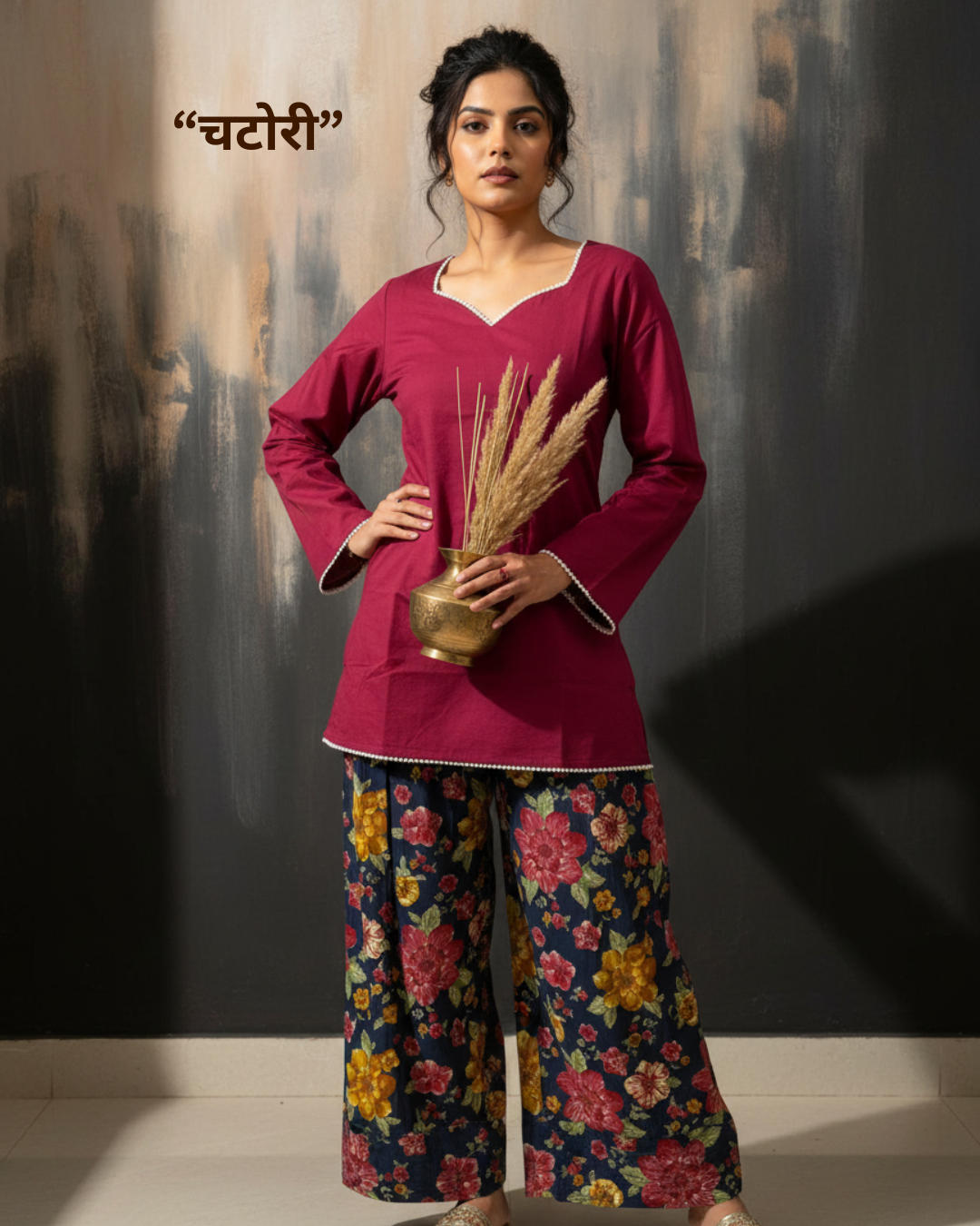 Maroon Solid & Dark Blue Floral Handblock Pure Cotton Farshi Salwar Set