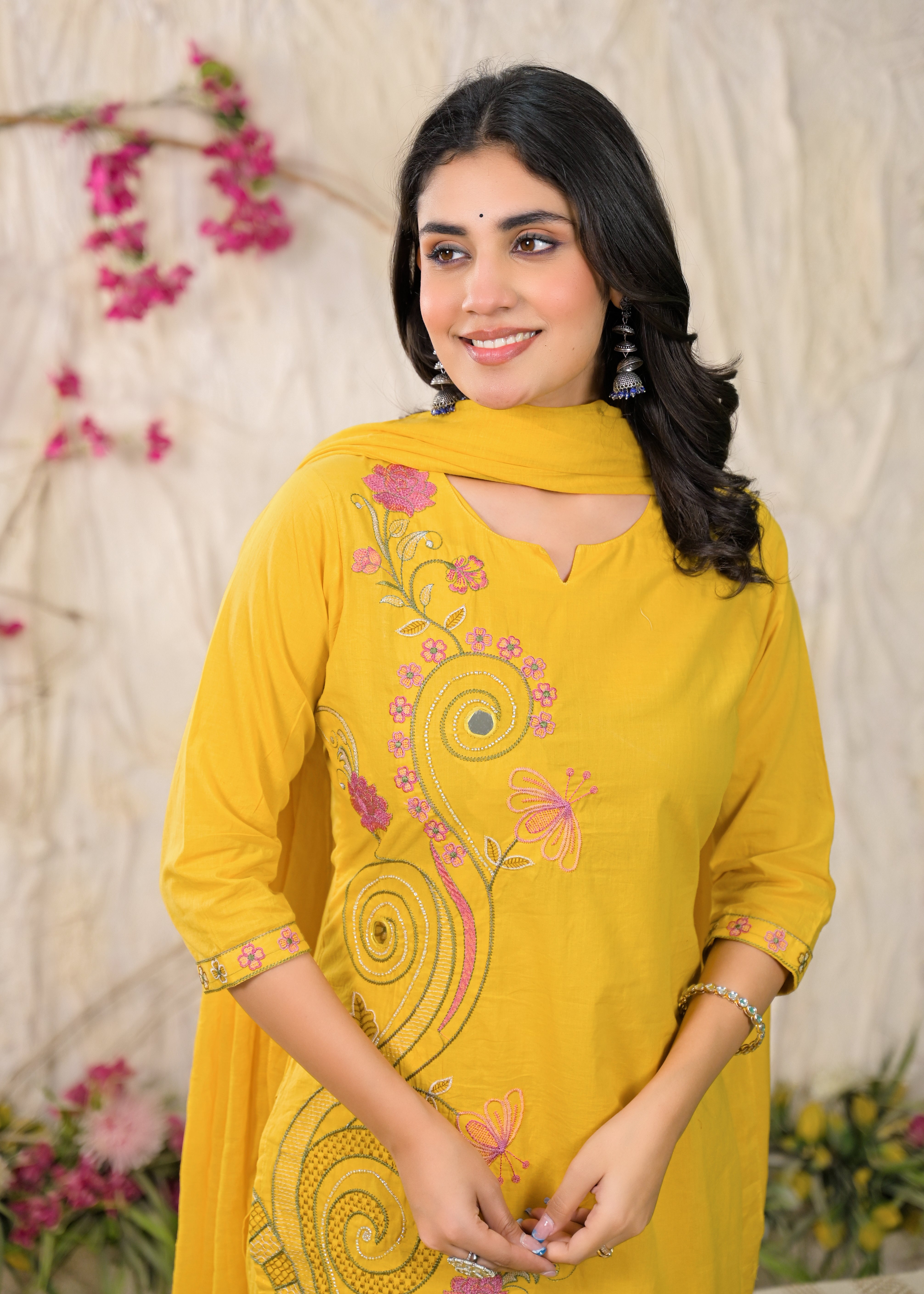 Yellow Handwork Embroidered Kurta Palazzo Set with Mirror Work Dupatta & Embroidered Patchwork Palazzo
