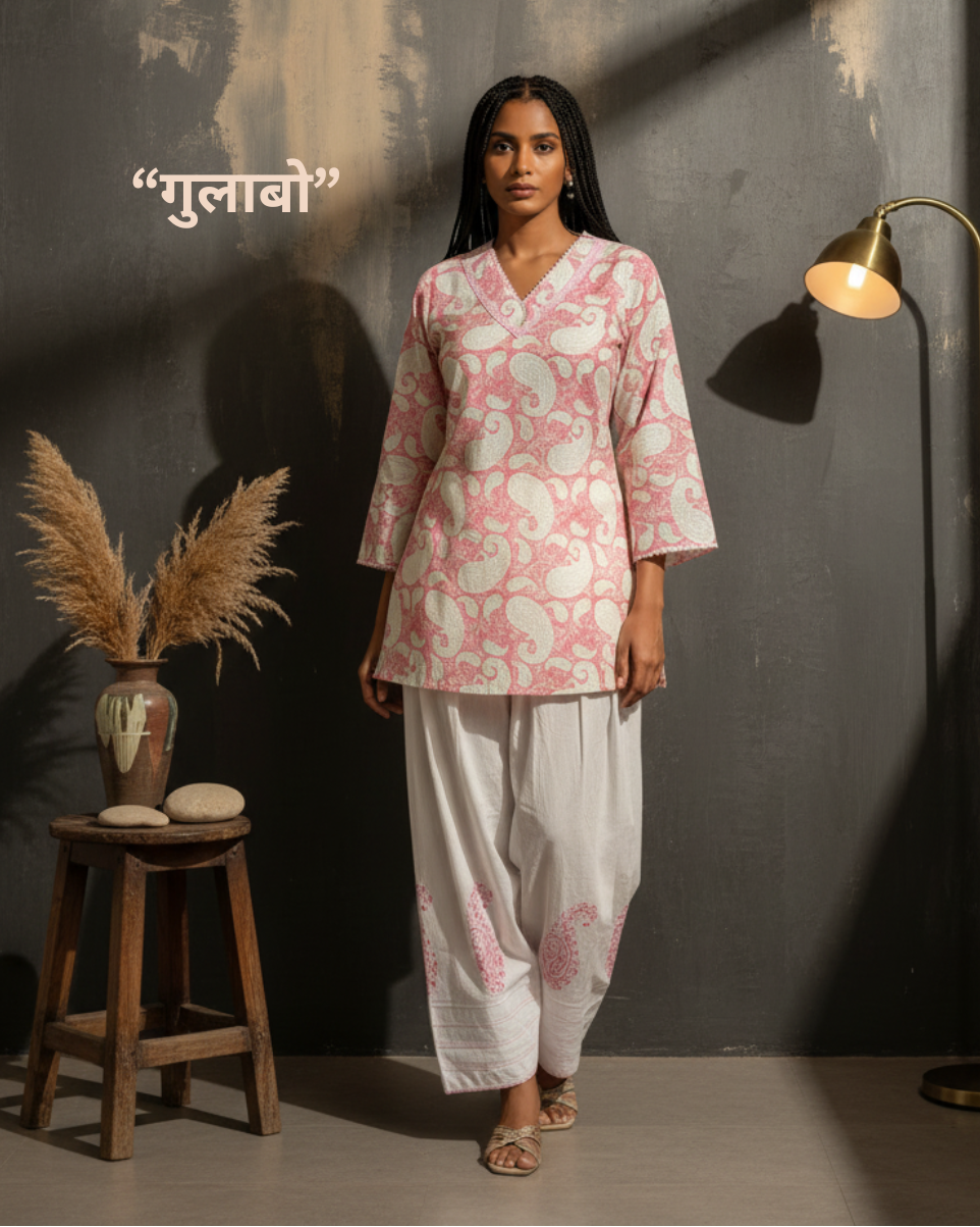 White Pink Paisley Handblock Printed Pure Cotton Farshi Salwar Suit Set