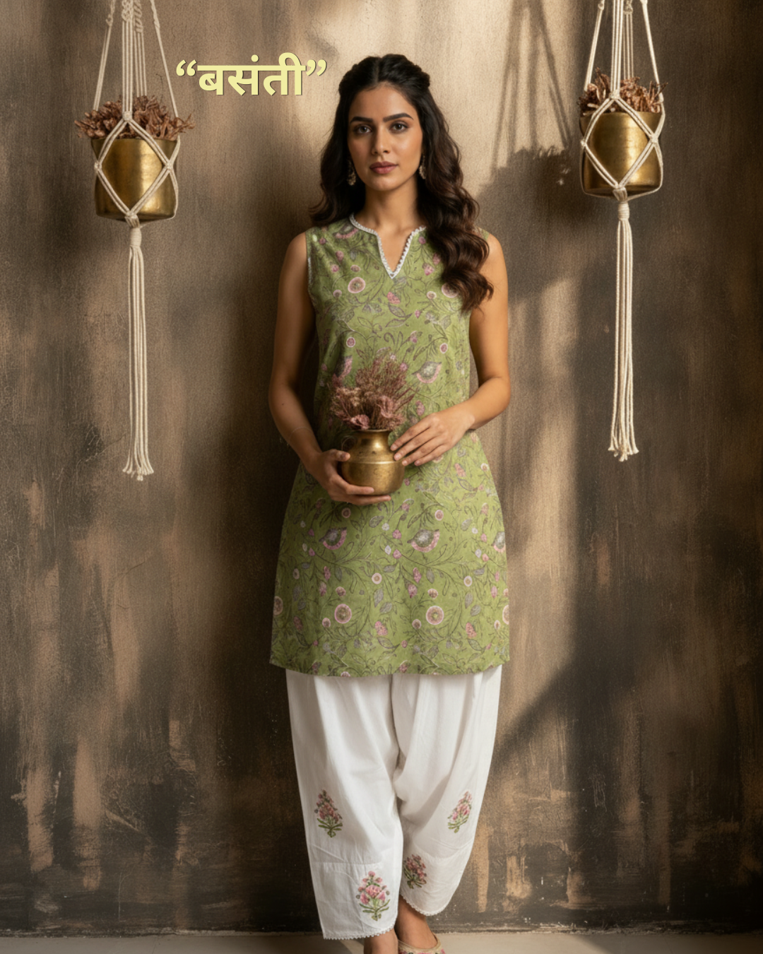 Basanti Sleeveless Pure Cotton Handblock Print Farshi Suit Set
