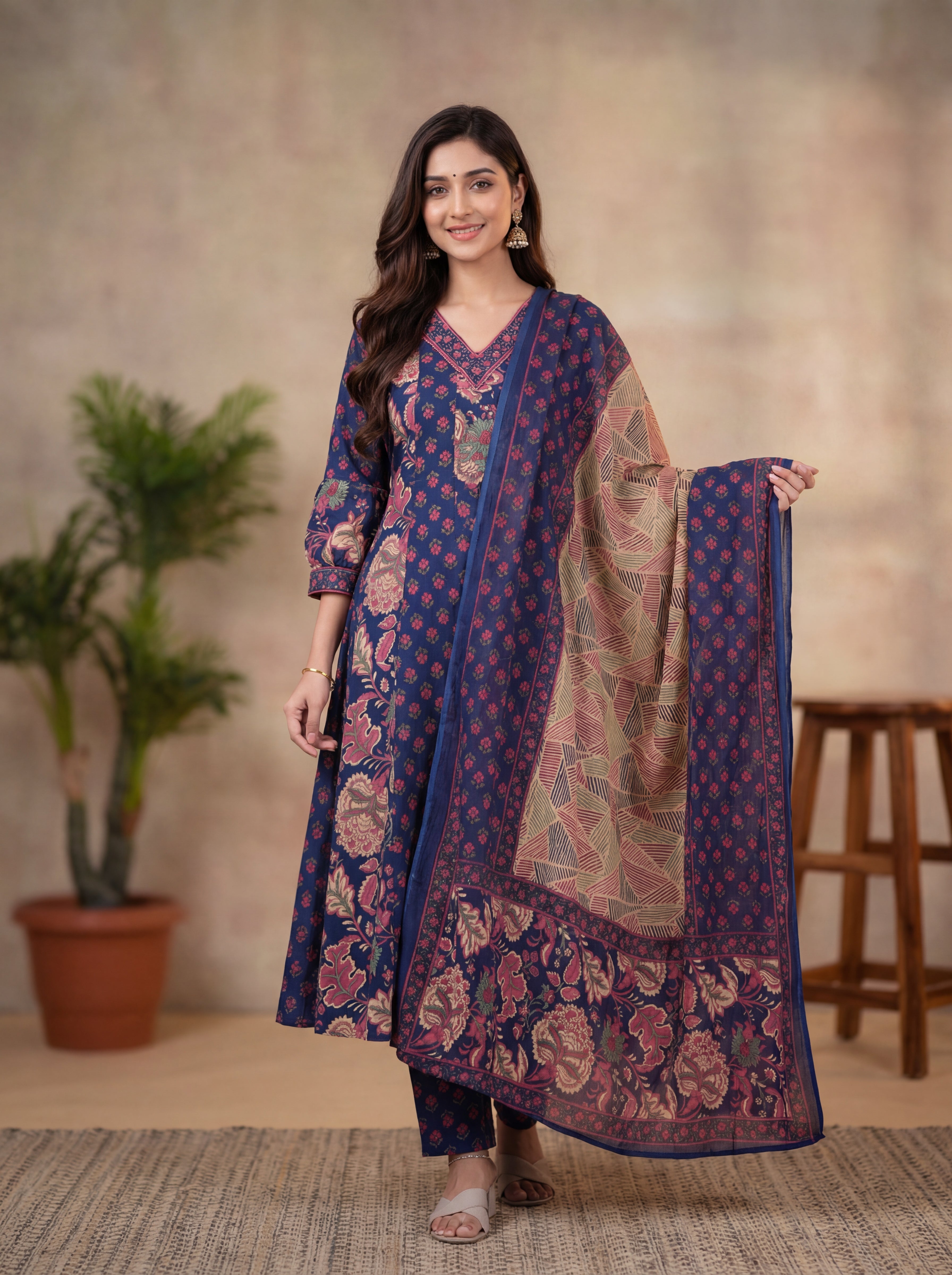 Blue Cotton Kurta Pant Suit Set with Ajrakh Print