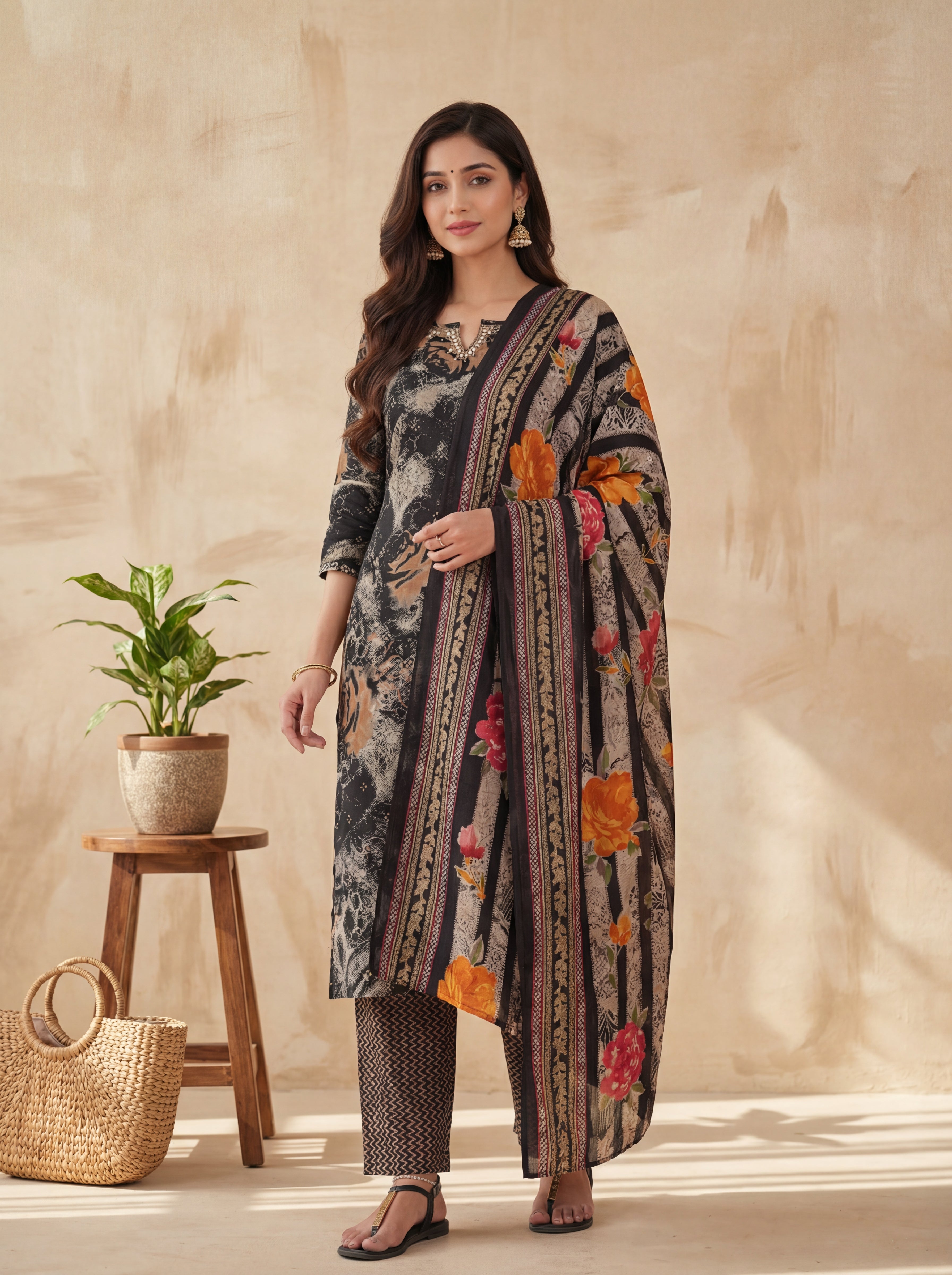 Black Modal Suit Set with Mirror Work on Neckline