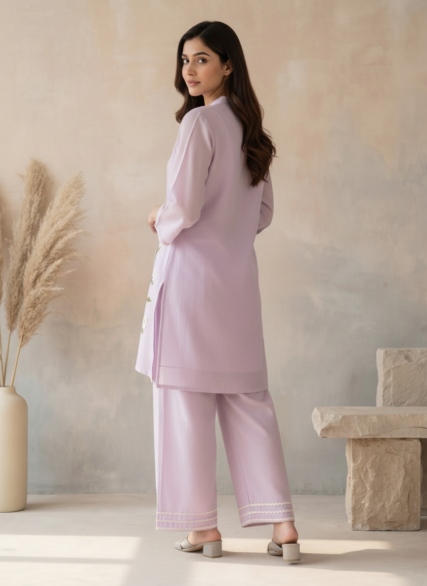 Lilac Mul Chanderi Floral Embroidered Co-ord Set with Lining