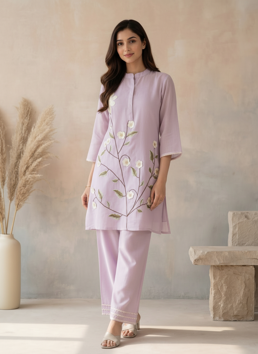 Lilac Mul Chanderi Floral Embroidered Co-ord Set with Lining