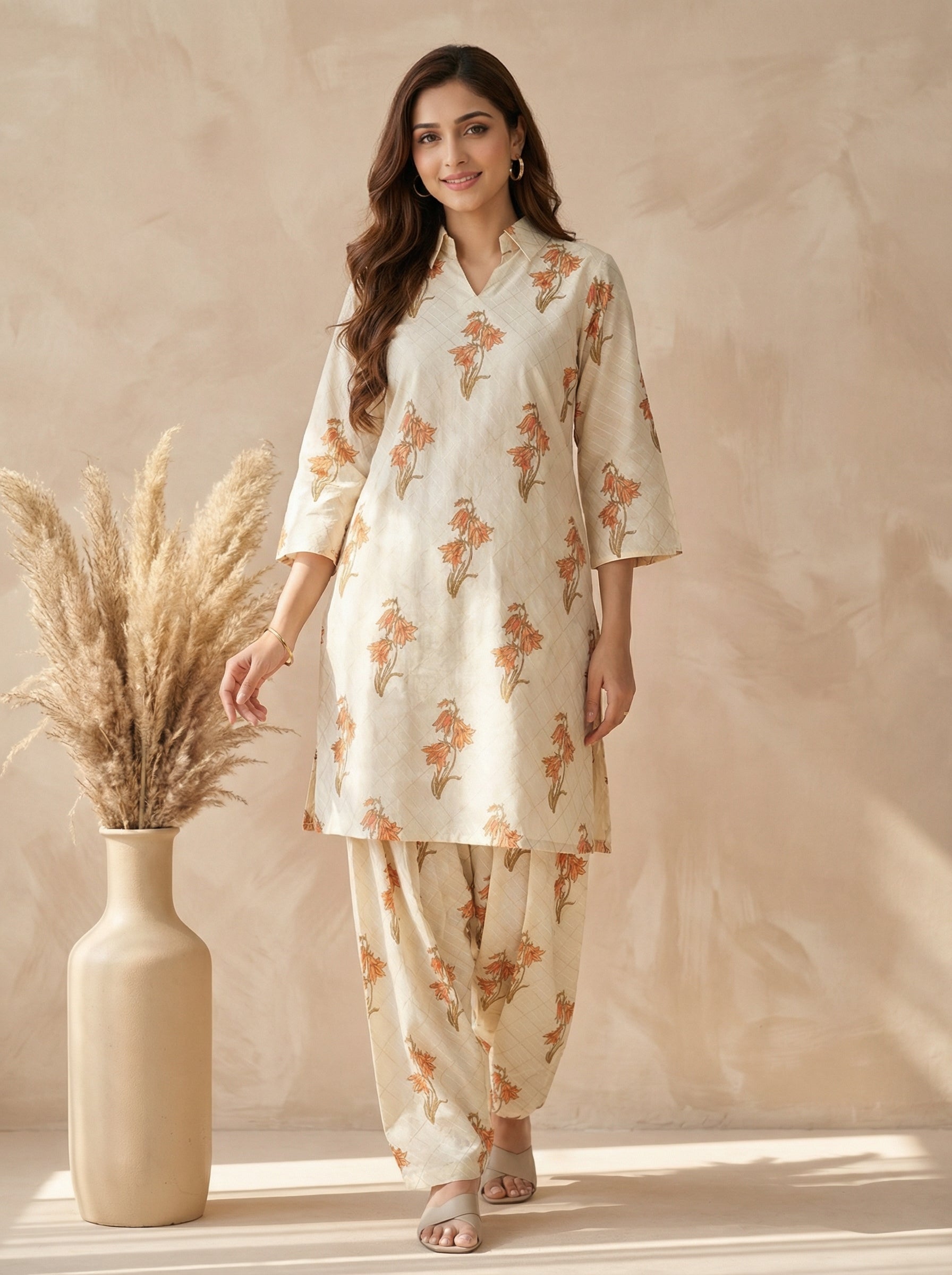 Cream Muslin Kurta Set with Tulip Pants