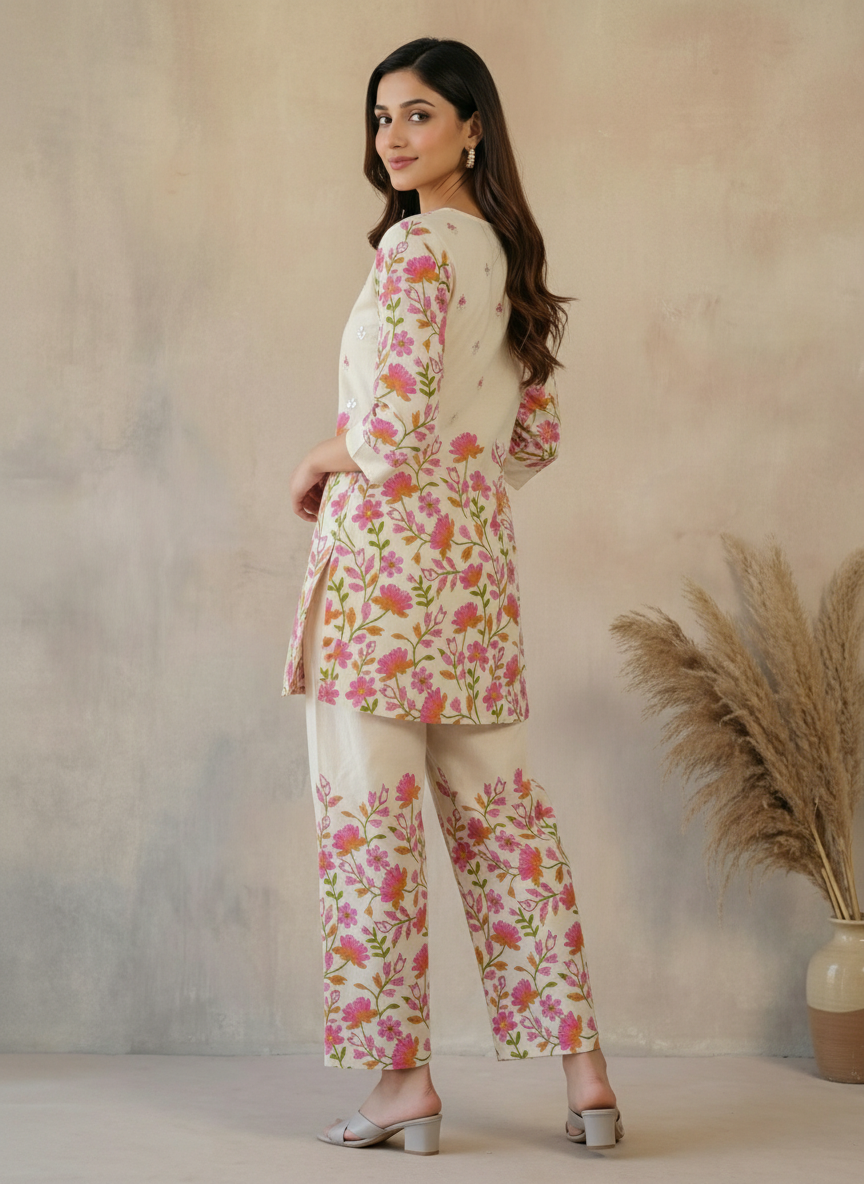 Off White Cotton Flex Co-ord Set with Floral Motifs & Mirror Work
