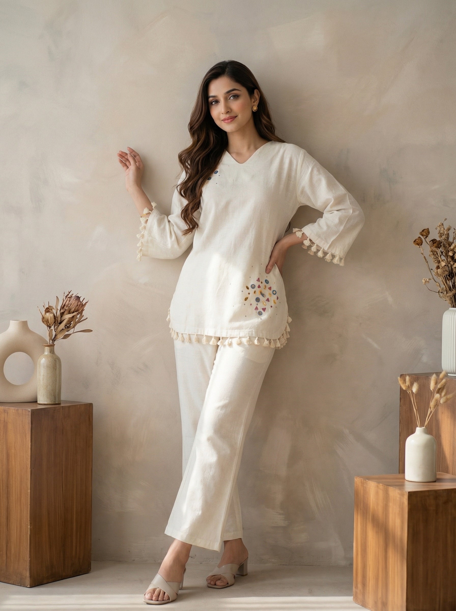 White Cotton Flex Mirror Work Co-ord Set