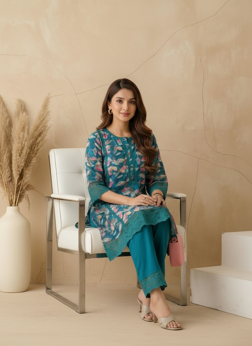 Turquoise Cotton A-Line Printed Kurta Set with Embroidery & Laced Solid Pants