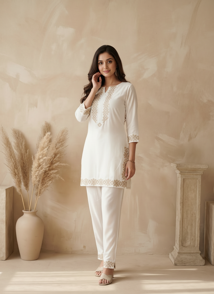 White & Gold Roman Silk Geometrical Embroidered Kurta Palazzo Set