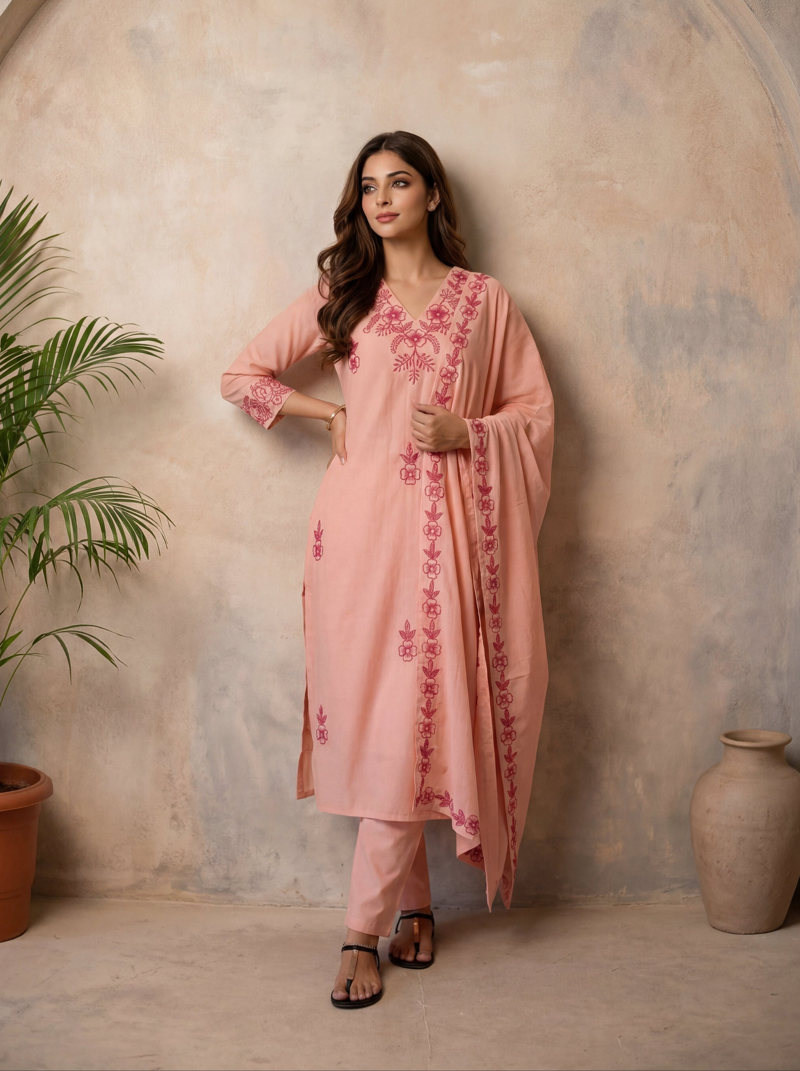 Peach Soft Cotton Suit Set featuring Delicate Floral Embroidery
