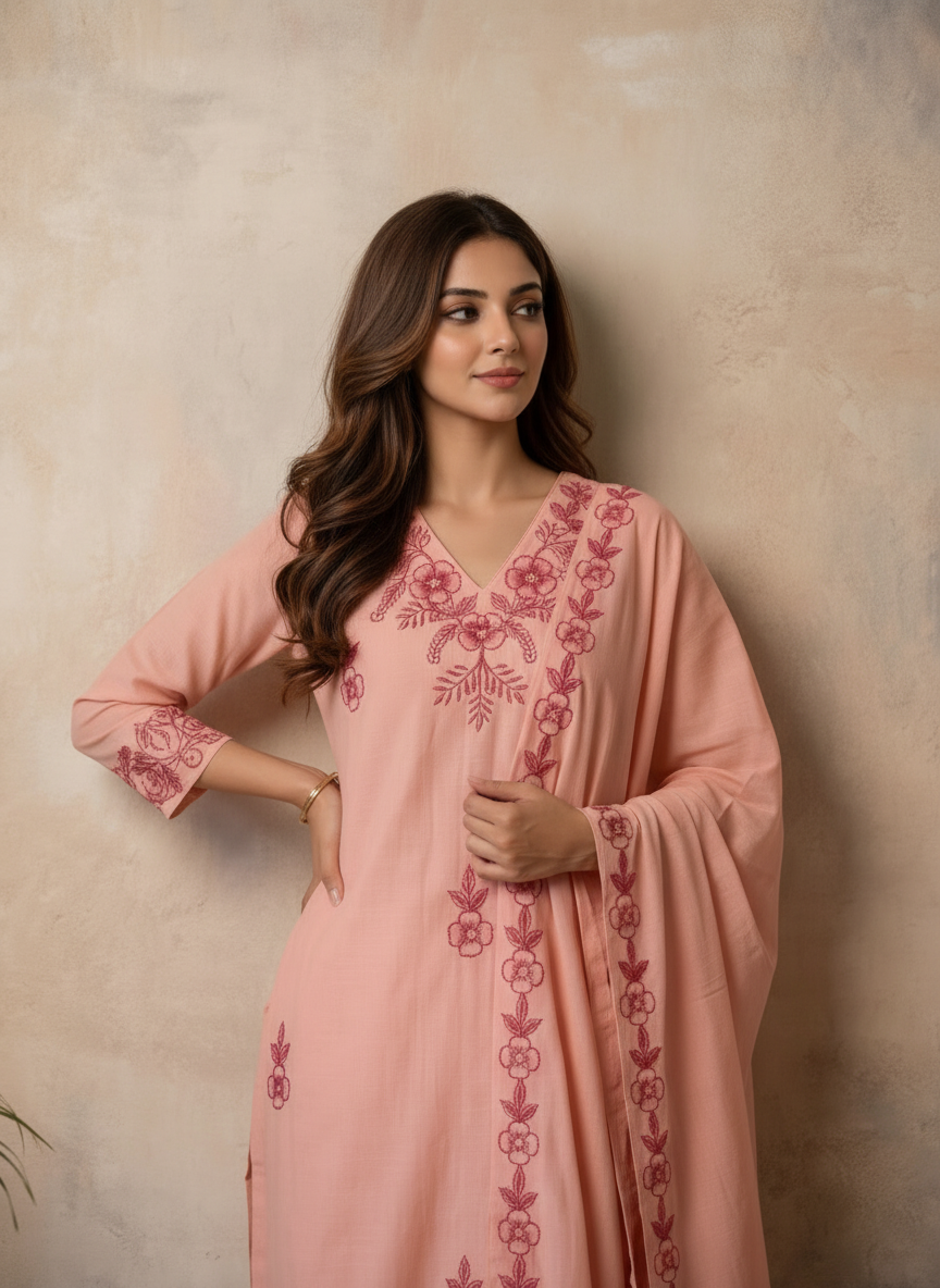 Peach Soft Cotton Suit Set featuring Delicate Floral Embroidery