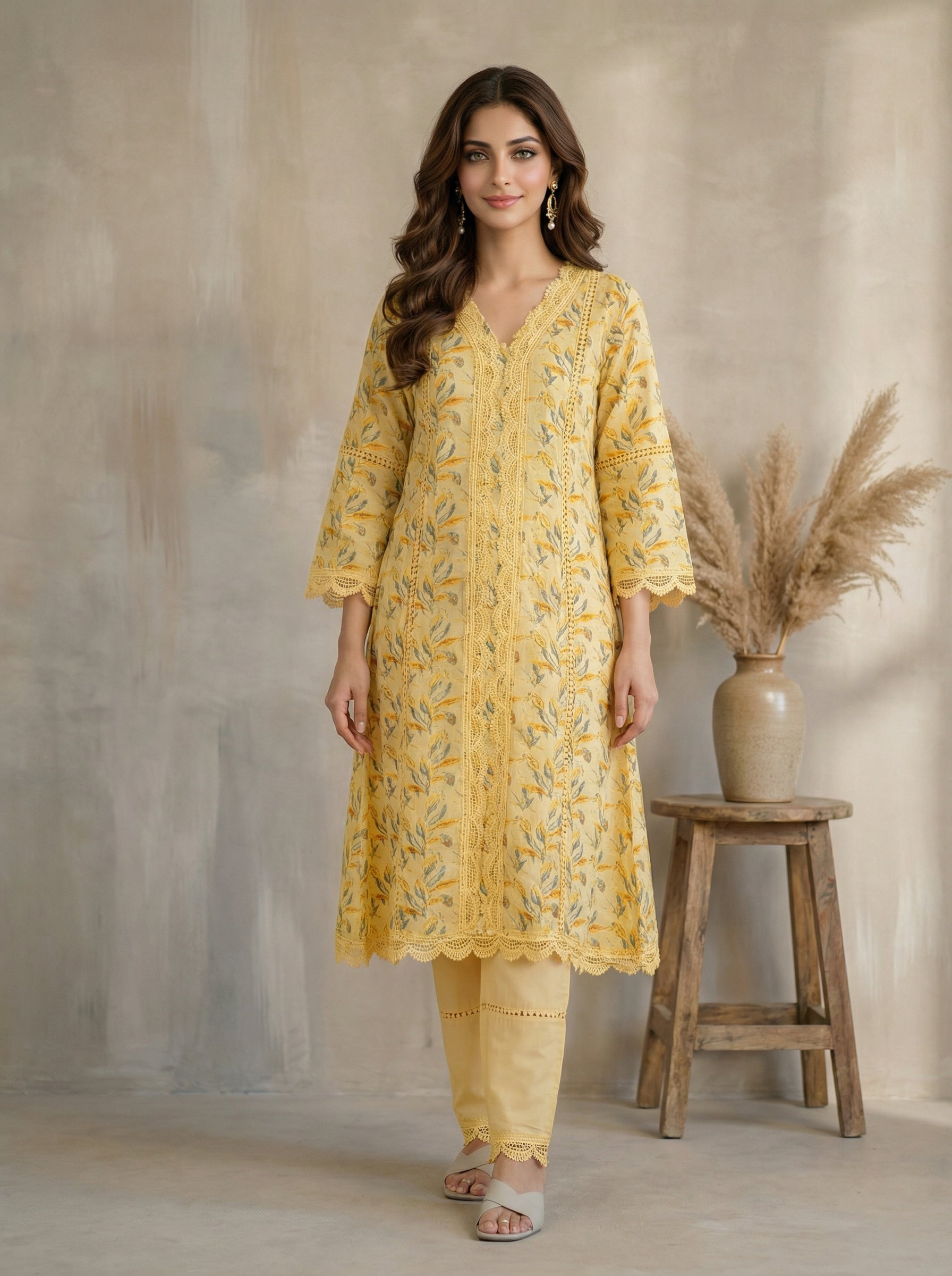 Yellow Cotton Abstract Printed Kurta Palazzo Set