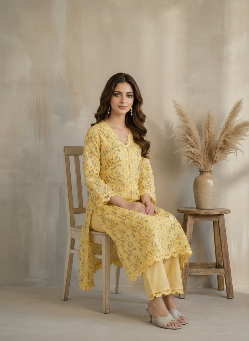 Yellow Cotton Abstract Printed Kurta Palazzo Set