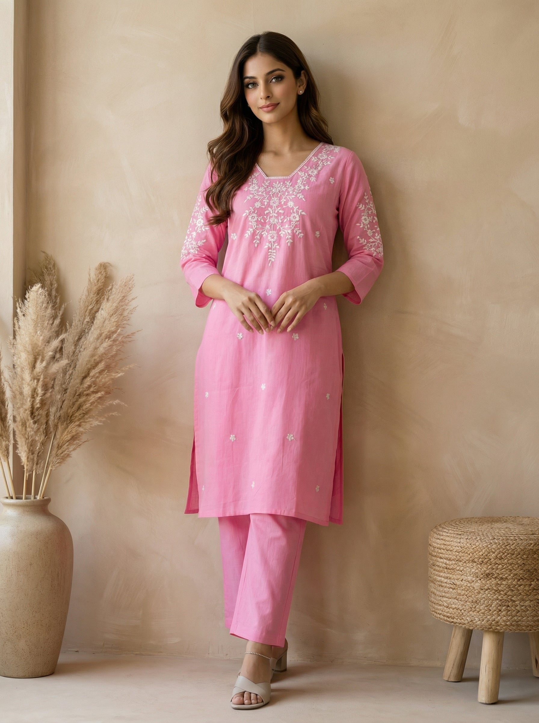 Pink Cotton Flex Hand Embroidered Kurta Palazzo Set