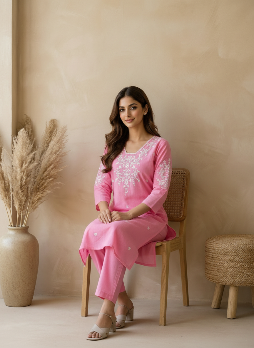 Pink Cotton Flex Hand Embroidered Kurta Palazzo Set