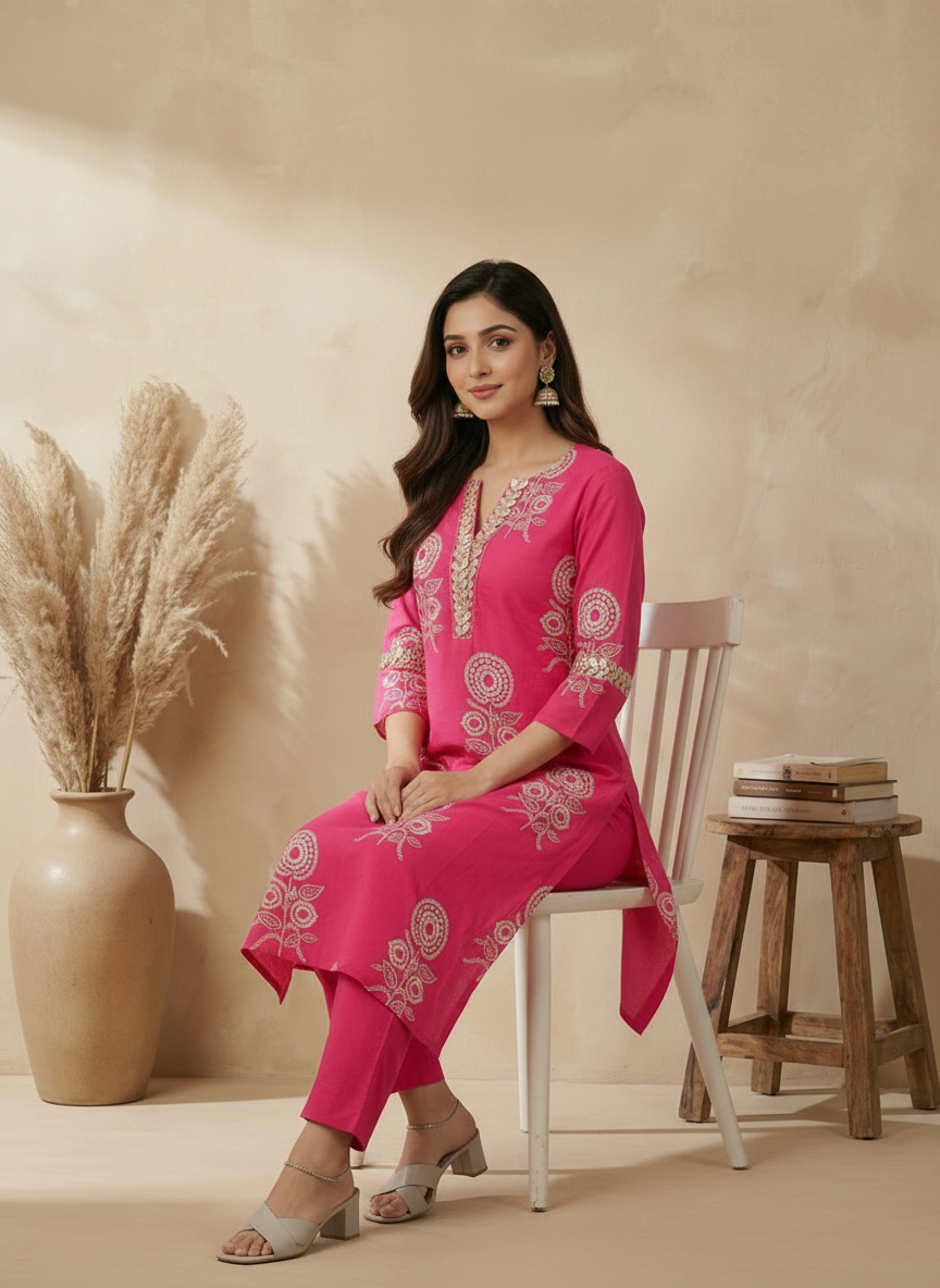 Pink Cotton Mirror and White Block Printed Kurta Palazzo Set