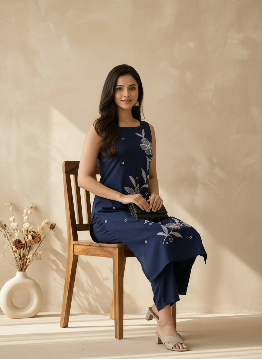 Dark Blue Cotton Flex Hand-Embroidered Kurta Palazzo Set – Sleeveless with Separate Sleeves Provided