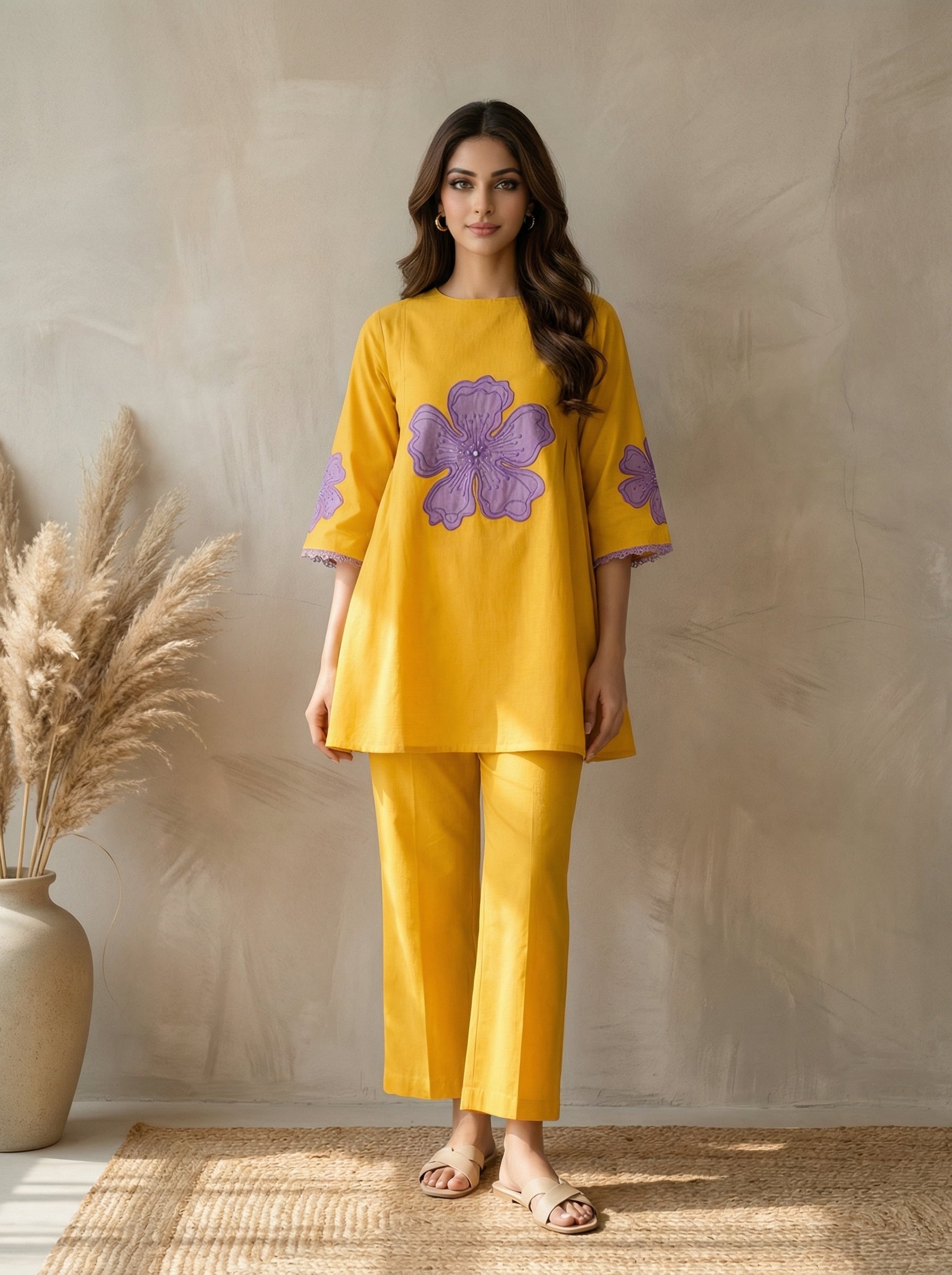 Mustard Cotton Flex Embroidered Co-ord Set