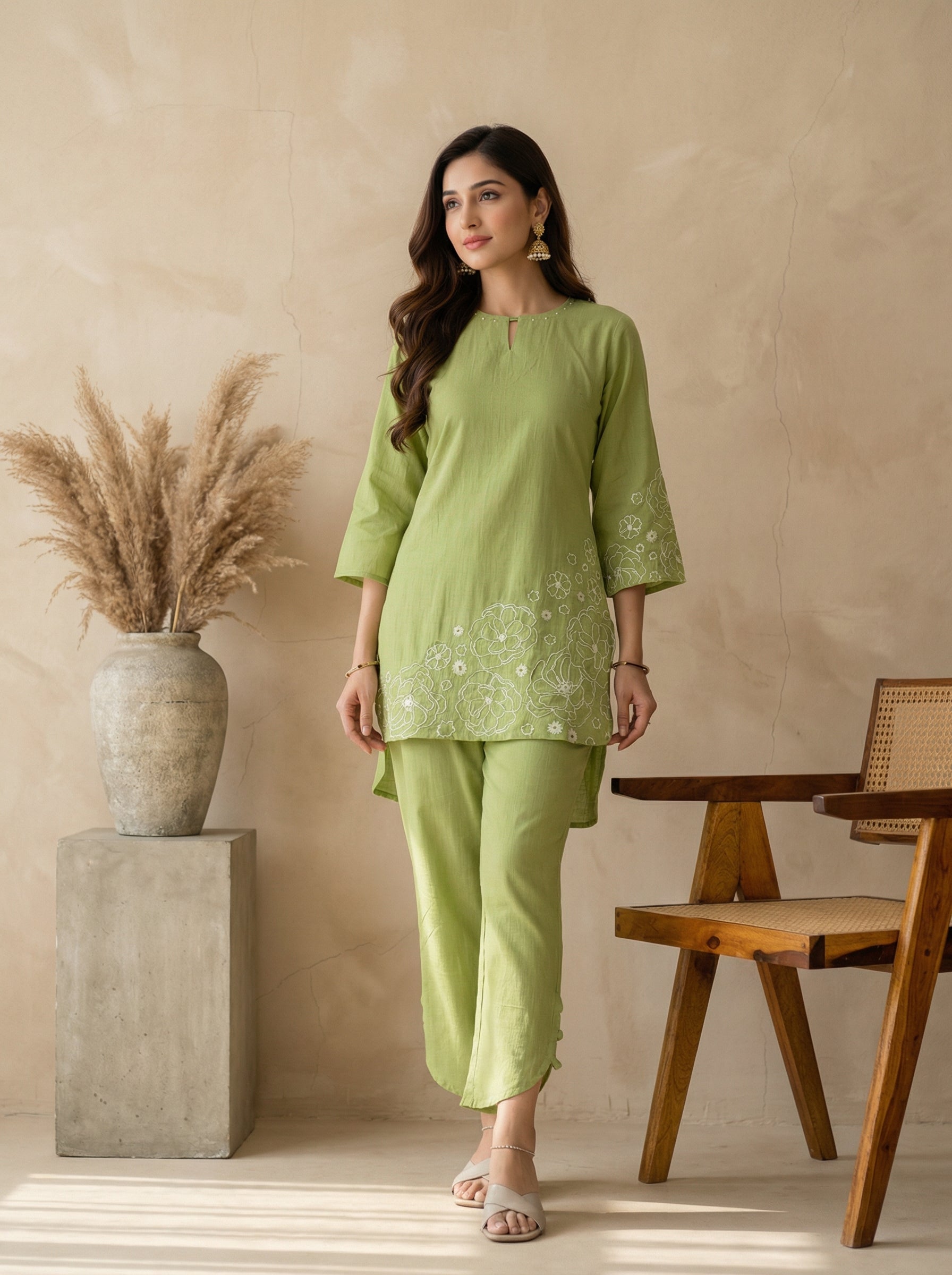 Green Cotton Embroidered Co-ord Set