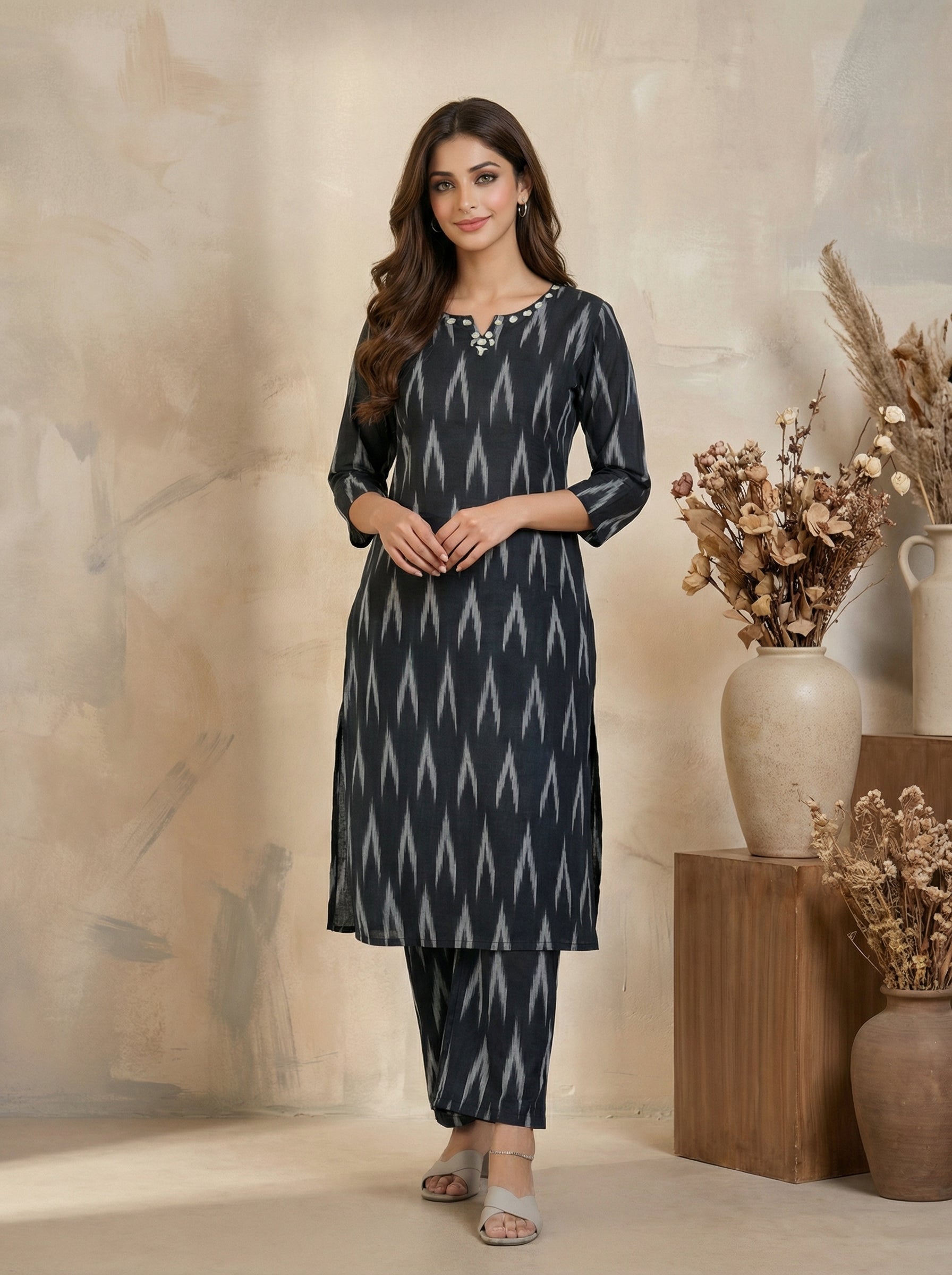 Black & Grey Cotton Kurta Palazzo Set