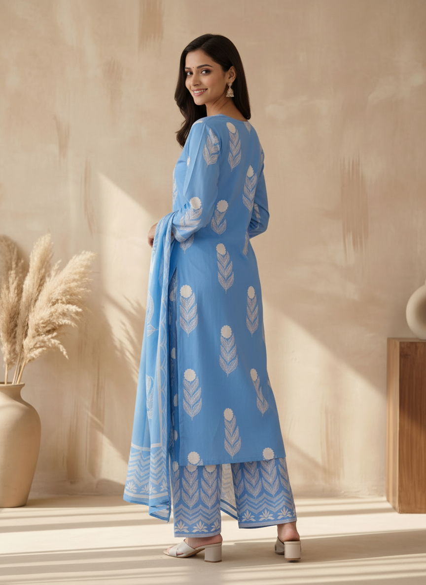 Blue Cotton Straight Suit Set with Feather-Like Print