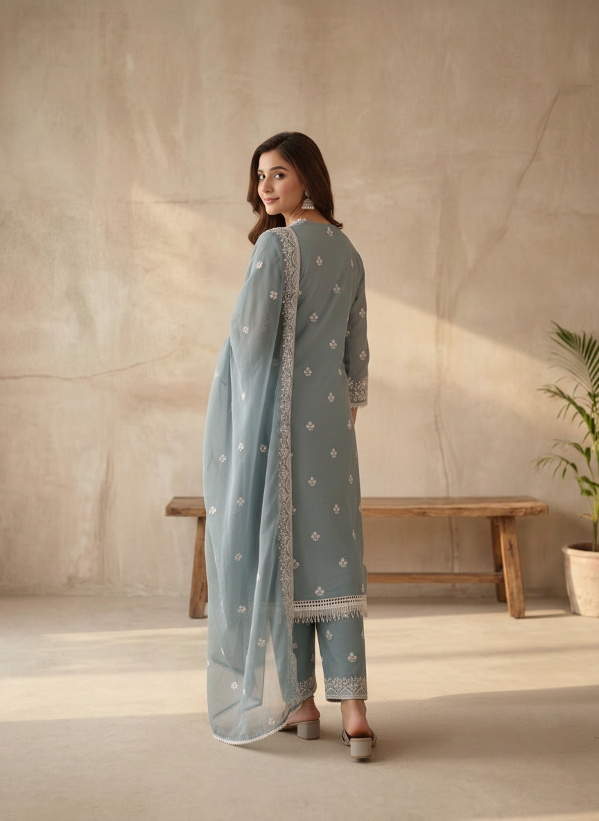 Grey Cotton Suit Set with Thread Work Detailing