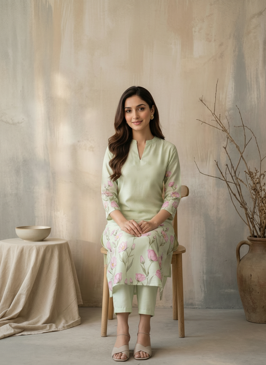 Pista Green Shimmer Slub Cotton Floral Print Kurta Palazzo Set