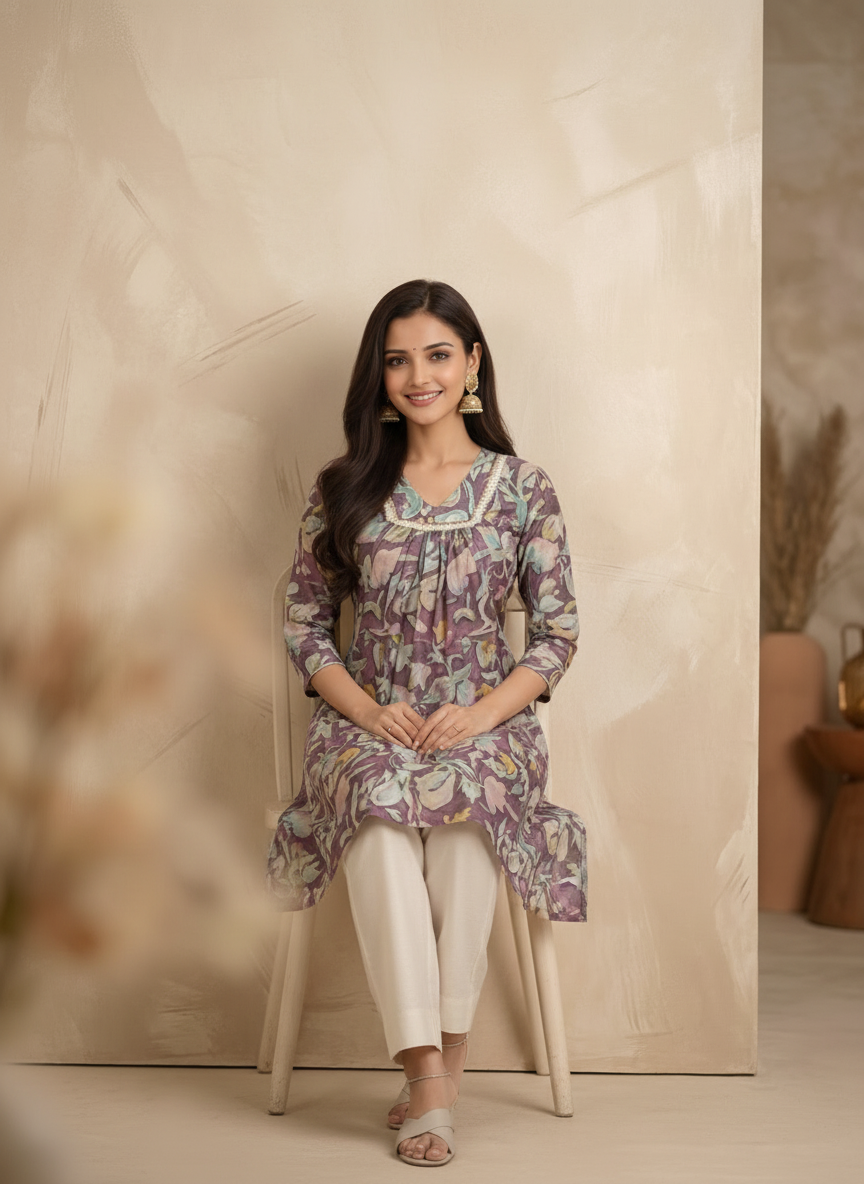 Brown and Cream A-Line Cotton Kurta Palazzo Set