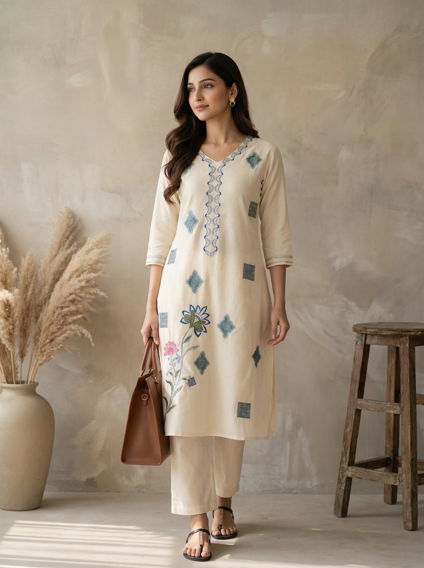 Off White Cotton Flex Kurta Pant Set