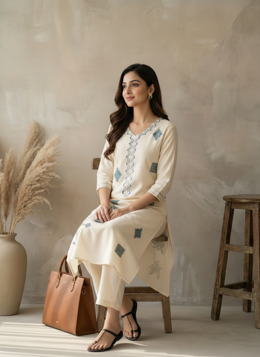 Off White Cotton Flex Kurta Pant Set