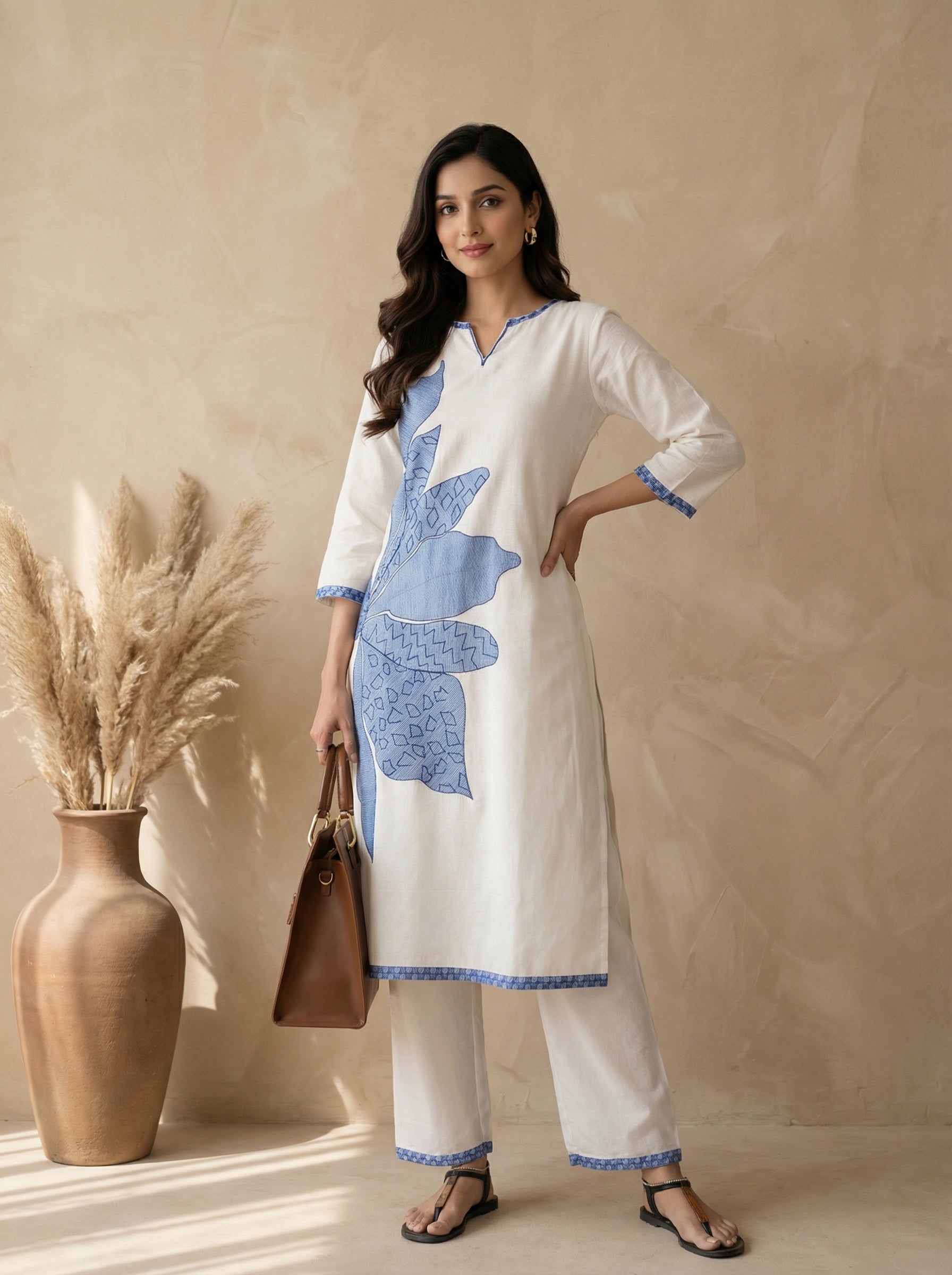 White Cotton Flex Kurta Pant Set