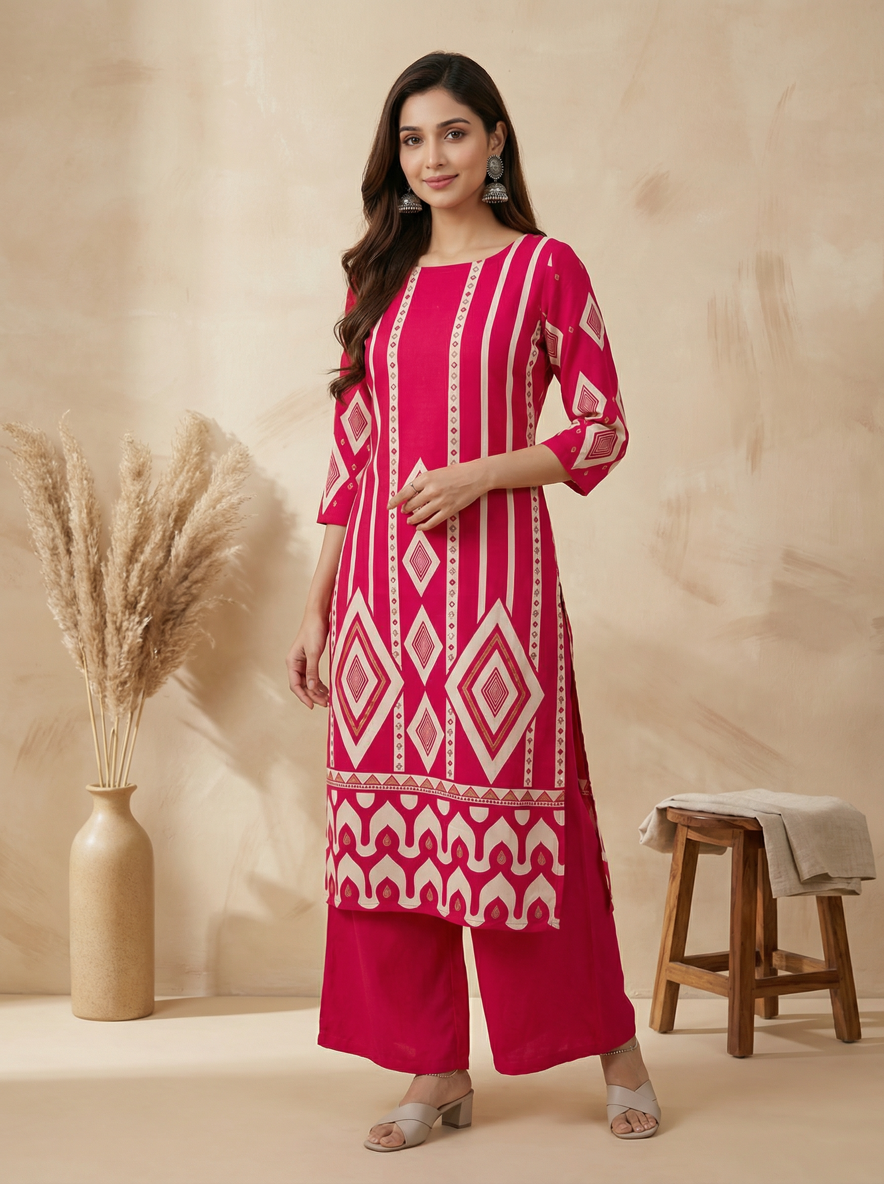 Dark Pink Rayon Kurta Pant Set