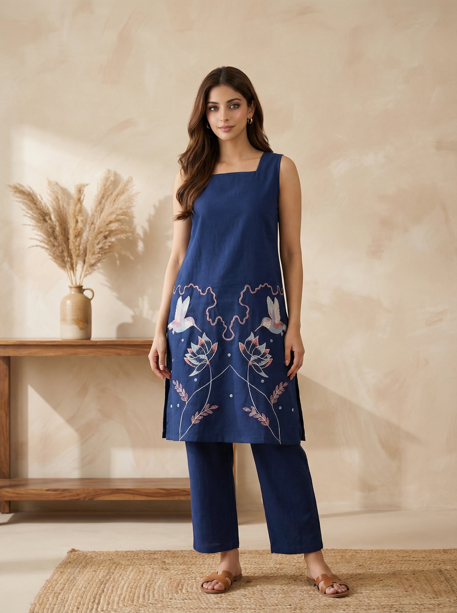 Blue Cotton Flex Sleeveless Co-ord Set with Separate Attached Sleeves