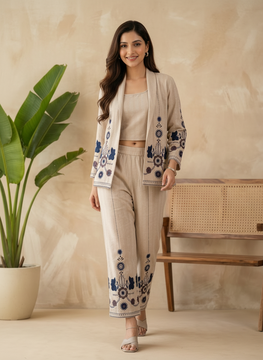 Cotton Katha Floral Embroidered Crop Top with Trousers and Shrug