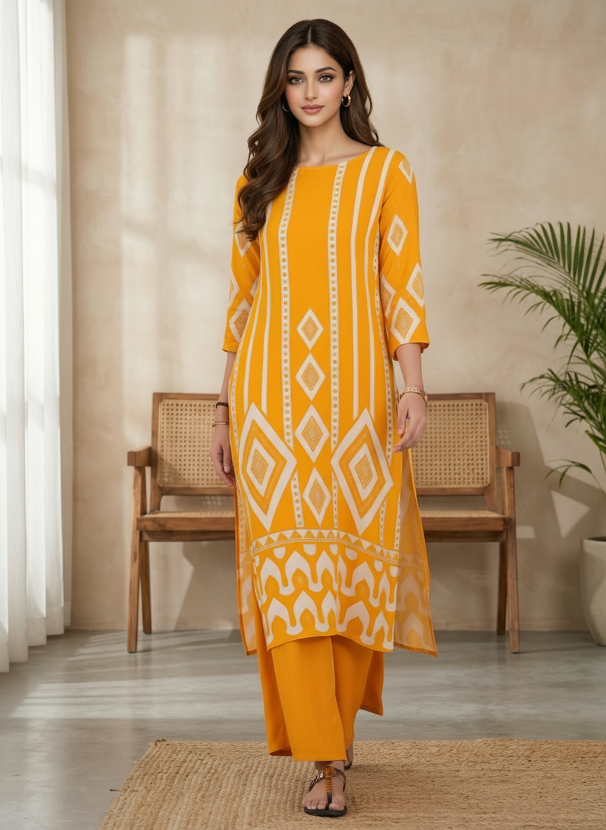 Dark Yellow Rayon Kurta Pant Set