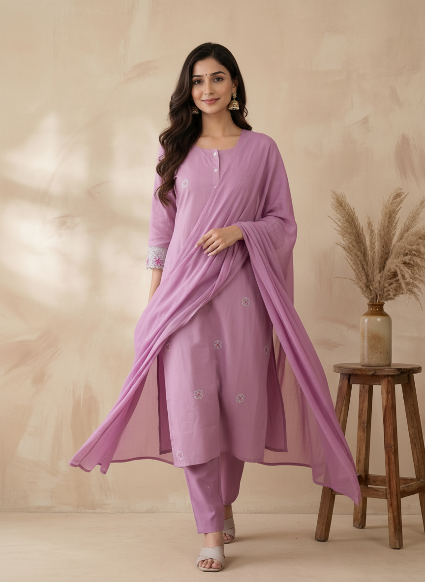Purple Mul Chanderi Suit Set with Floral Motifs