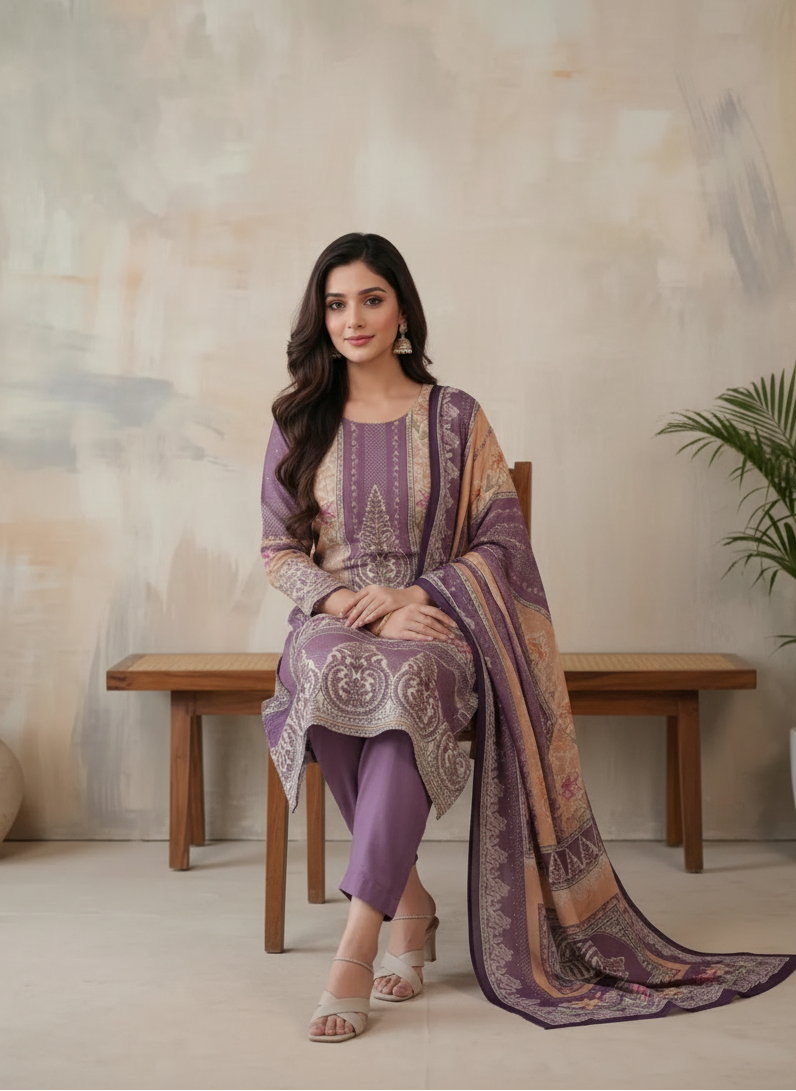 Purple and Mustard Moroccan Silk Straight Kurta Set