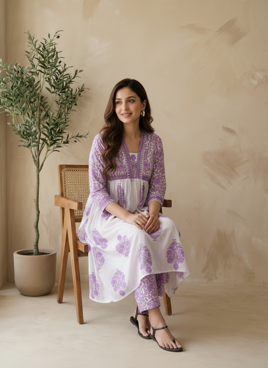 Purple Cotton Handblock Printed Anarkali Kurta Pant Set with Floral Motifs