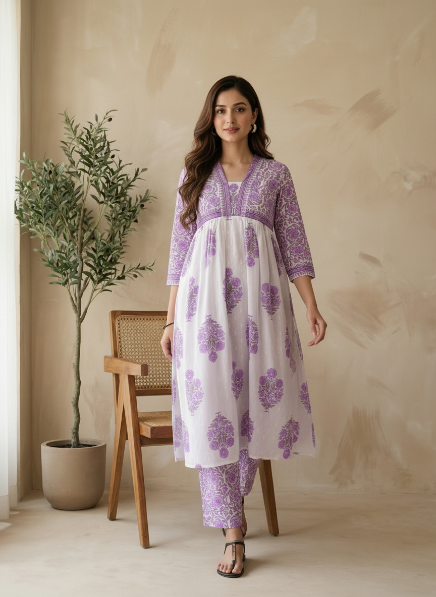 Purple Cotton Handblock Printed Anarkali Kurta Pant Set with Floral Motifs