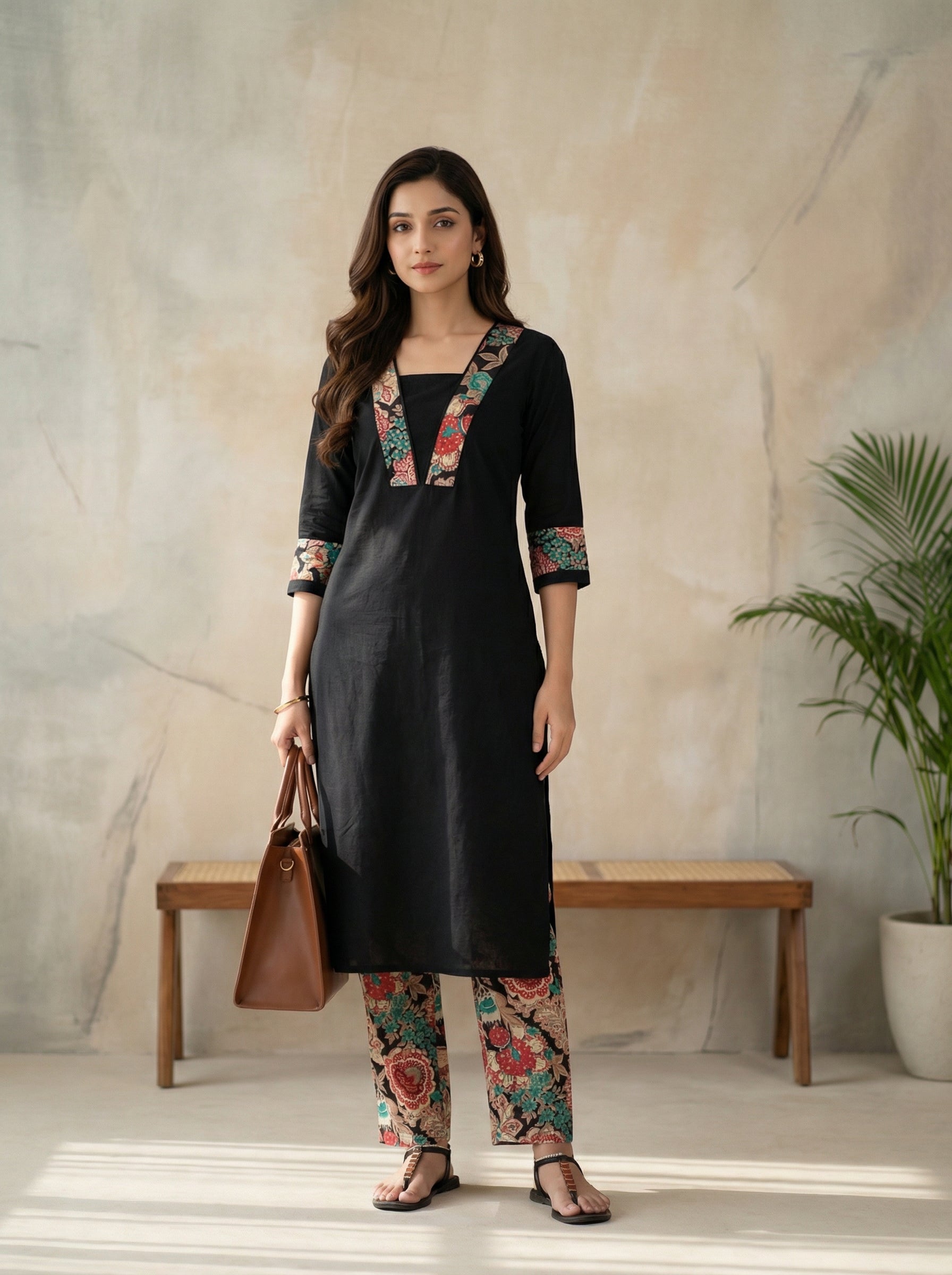 Black Cotton Kurta Pant Set with Floral Patch on Neckline